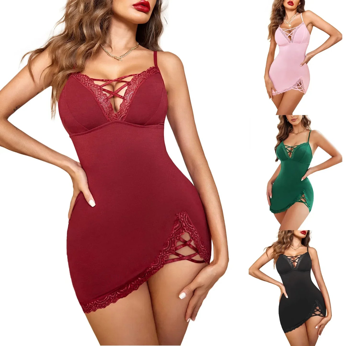 Women Sexy Nightgown V Neck Chemises Lace Sleepwear Full Slip Side Slit Sleep Dress Sexy Lingerie S~XXL