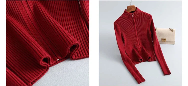 Spring Autumn Zipper Cardigan Women Sweaters Knitted Long Sleeve Stand-up Collar Tops Korean Fashion Short Sweater for Female