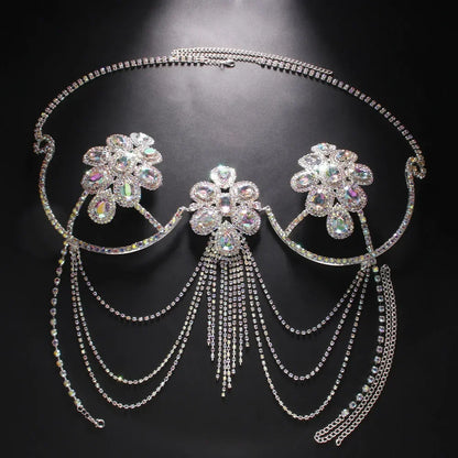 Colorful Rhinestone Flower Chest Bracket Top for Women Outfit Festival Lingerie Sexy Tassel Bra Chain Necklace Bikini Jewelry