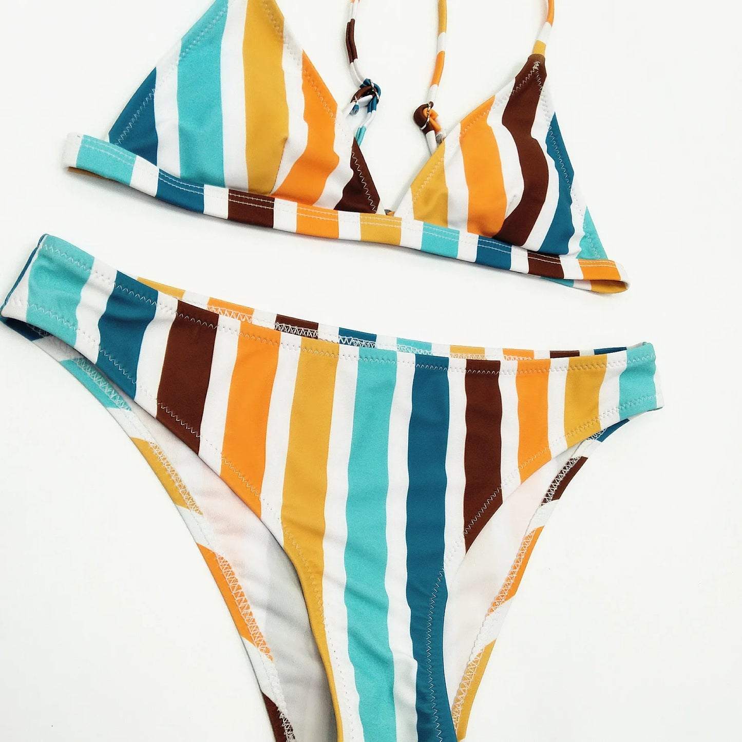 New Style Rainbow Grey Stripe Print Sexy European American Triangle Bikini Set for Women Fashionable Split Swimsuit