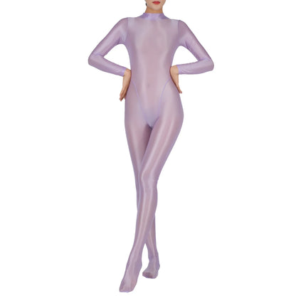 Womens Glossy Full Body Jumpsuit See Through Sheer Catsuits Bodystockings Long Sleeve Footed One Piece Gym Yoga Tights Bodysuit