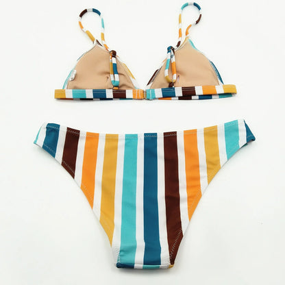 New Style Rainbow Grey Stripe Print Sexy European American Triangle Bikini Set for Women Fashionable Split Swimsuit