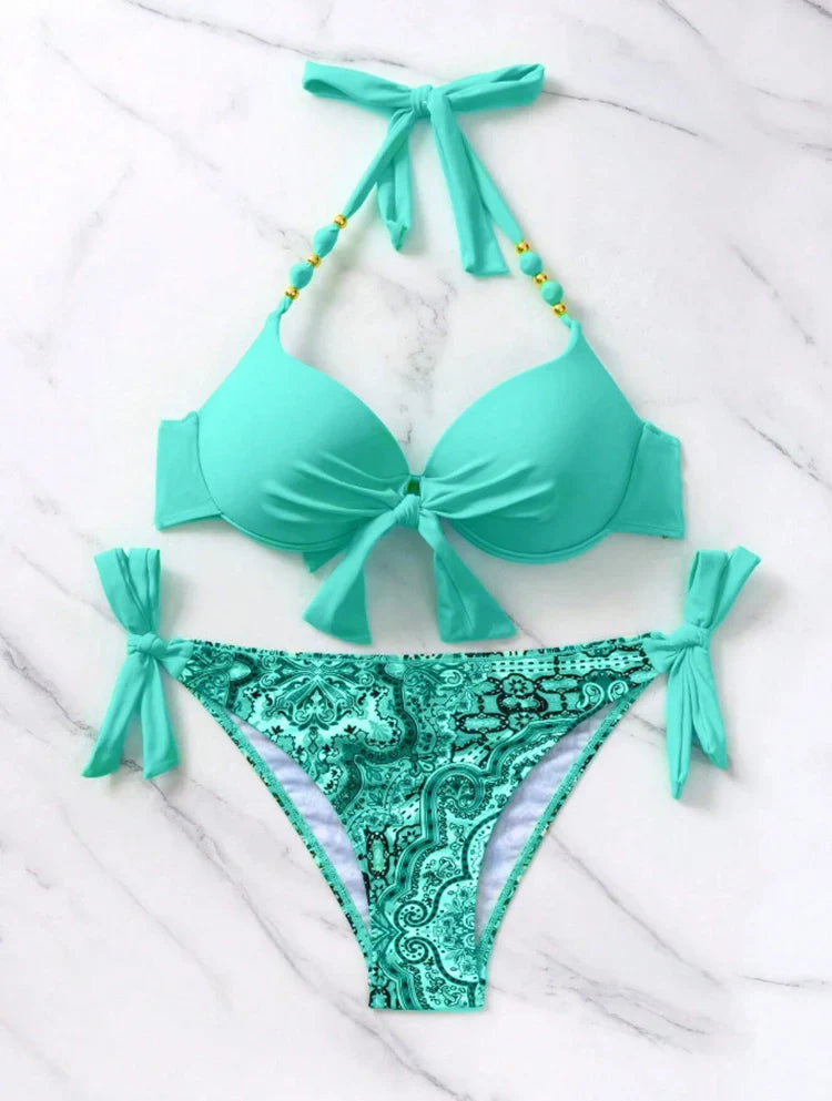 2025 Summer Sexy Print Two-Piece Bikini Women's Halter Swimwear Bandage Backless Swimsuit Tight Push Up Beach Party Bathing Suit