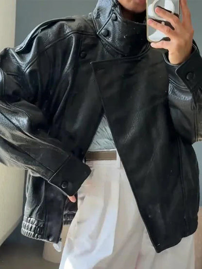Stand Collar Women's Jacket Full Sleeve Double Button Solid Female Leather Jackets 2025 Autumn Fashion High Street Lady Outwears