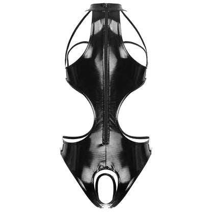 Womens Wet Look Faux Leather Hollow Out Open Breast Leotard Bodysuit Halter Neck Crotchless Jumpsuit Lingerie Teddy Nightwear