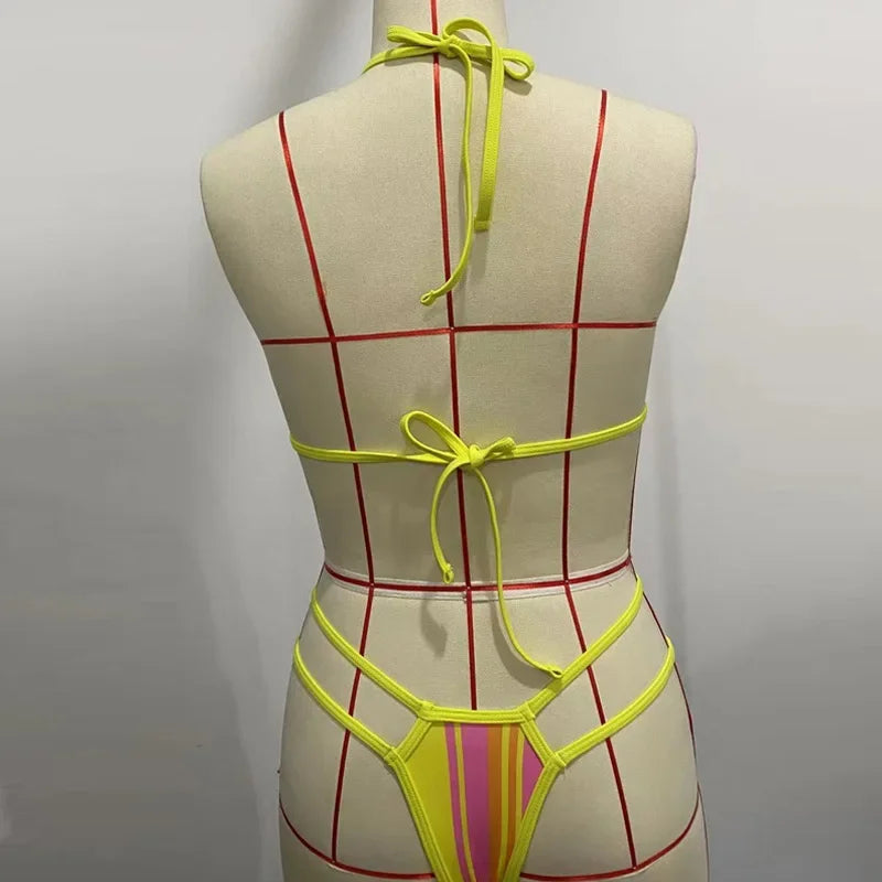 Circyy Bathing Suit Women Neck-mounted Sexy Split Swimsuit Striped Hollow Out Thongs Summer 2025 New Beach Fashion Bikini Set