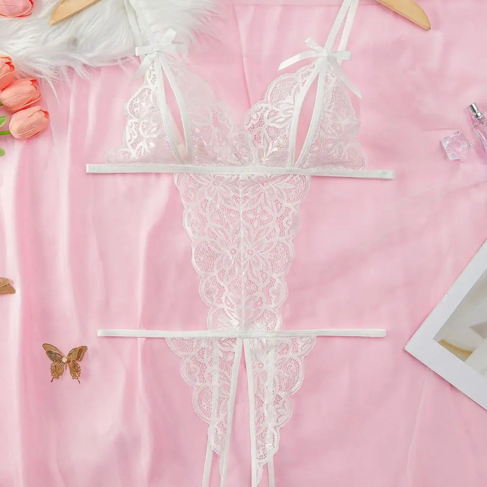Sweet Deep V Neck Lace Bow Bodysuit Mesh Hollow Transparent Women Lingerie Jumpsuits Sleeveless Lace Sling Nightwear Gifts