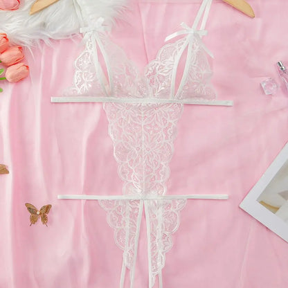 Sweet Deep V Neck Lace Bow Bodysuit Mesh Hollow Transparent Women Lingerie Jumpsuits Sleeveless Lace Sling Nightwear Gifts