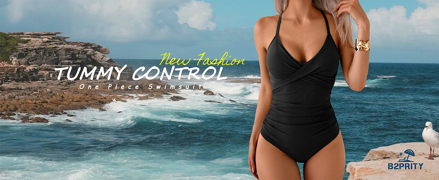 B2prity Women's One Piece Swimsuits Tummy Control Front Cross Bathing Suits Tie Back Slimming V Neck Swimwear