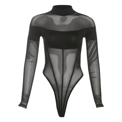 See Through Mesh Splicing Sexy Bodysuit Lingerie One-pieces Y2k Clothes Long Sleeve Body Feminino Hot Tops For Women Rave Outfit