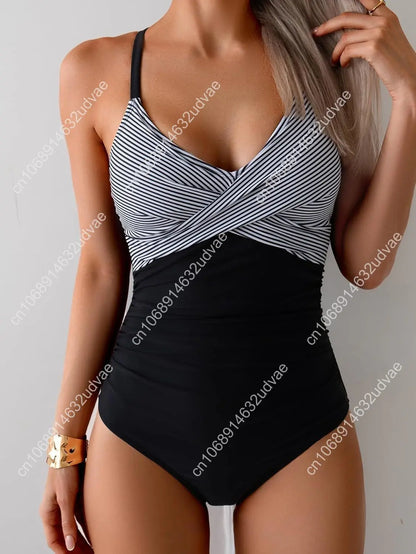 B2prity Women's One Piece Swimsuits Tummy Control Front Cross Bathing Suits Tie Back Slimming V Neck Swimwear