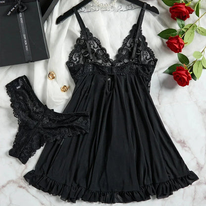 Sexy Female Transparent Red Lingerie Women Underwear Sleepwear Lace Babydoll Dress Panties Pijamas Set Adult Female Nighty