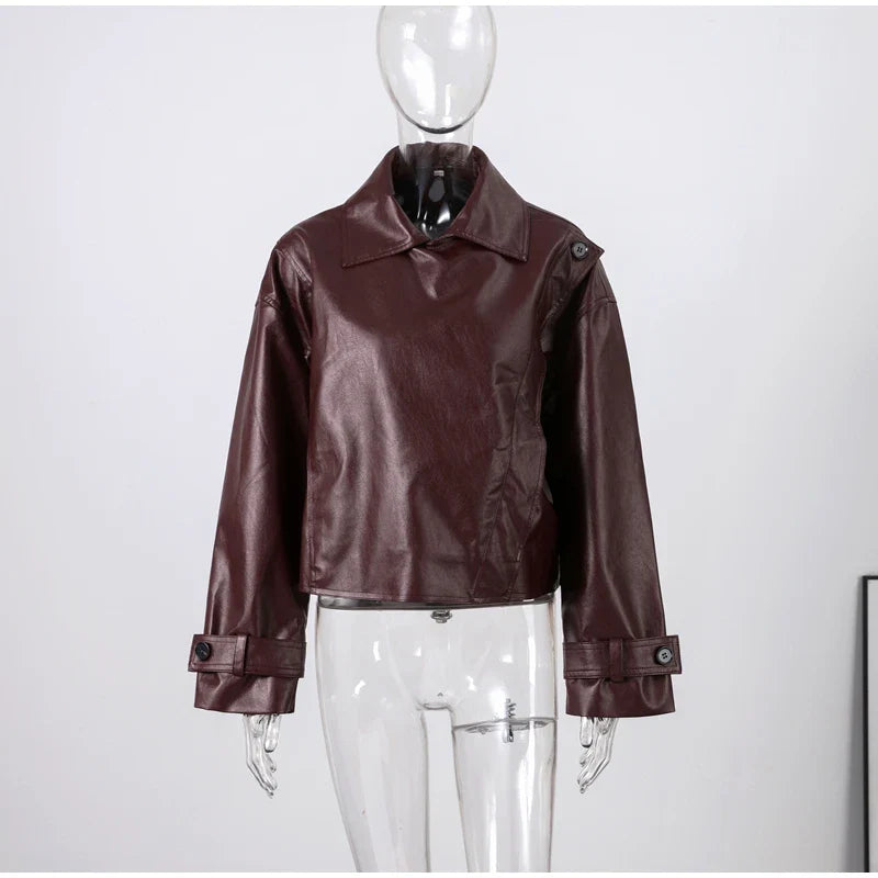 Street Stand Collar Women's Leather Jacket Loose Long Sleeve Zipper Pockets Chic Female Coats 2025 Autumn Winter Lady Outerwear