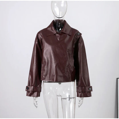 Street Stand Collar Women's Leather Jacket Loose Long Sleeve Zipper Pockets Chic Female Coats 2025 Autumn Winter Lady Outerwear