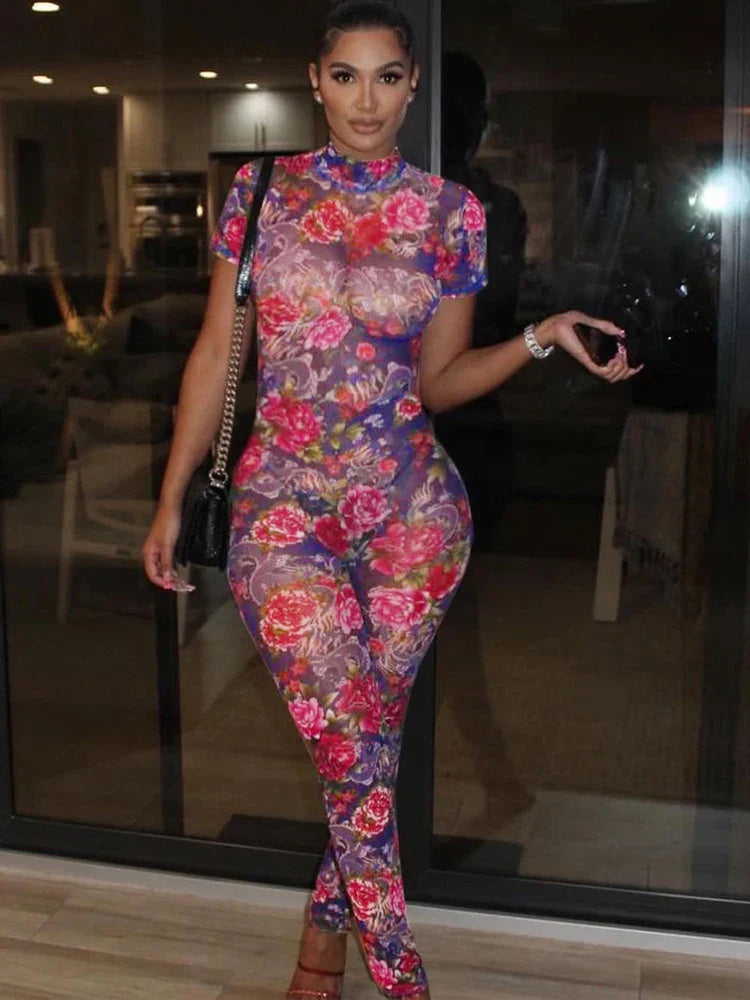 kliou Aesthetic Printed Women Jumpsuits Fashion Sexy Panelled Short Sleeve Backless Stand Collar Slim Overalls Mujer Clubwear