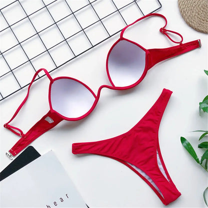 New Sexy V-bar Underwired Bra Push Up Bikini Women Swimwear Female Swimsuit Two-pieces Set V wire Bather Bathing Suit Swim V1732