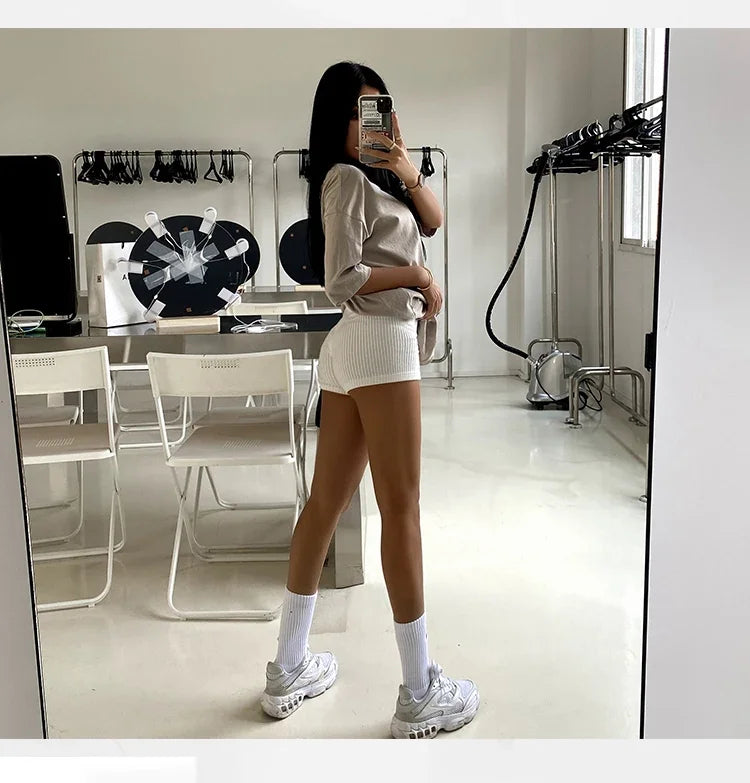 HELIAR Women High Waist A-line Shorts Thin Knit Sports Shorts For Women Casual Running Slim Bodycon Trousers 2025 Spring Summer