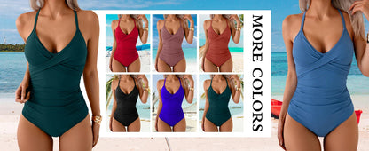 B2prity Women's One Piece Swimsuits Tummy Control Front Cross Bathing Suits Tie Back Slimming V Neck Swimwear