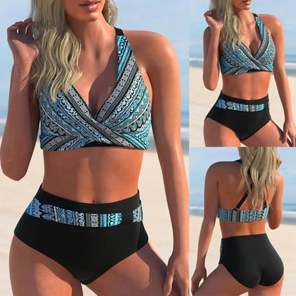 High Waist Triangle Swimsuit Bikini Set Fashionable Printed Cross Chest Bag Women's Swimwear Trendy Beachwear Ensemble
