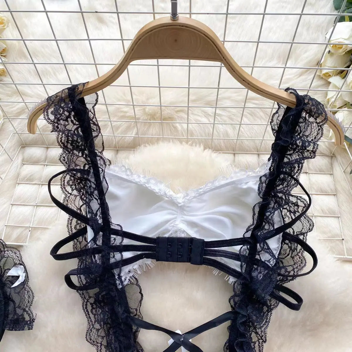 Lolita Strap Bodysuit With Cross Lace Up Hollow Patchwork Playsuit Double-Layer Sheer Mesh Sweet Women's Pajamas Sexy Lingerie
