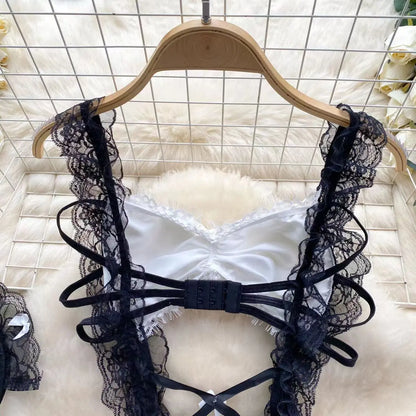 Lolita Strap Bodysuit With Cross Lace Up Hollow Patchwork Playsuit Double-Layer Sheer Mesh Sweet Women's Pajamas Sexy Lingerie