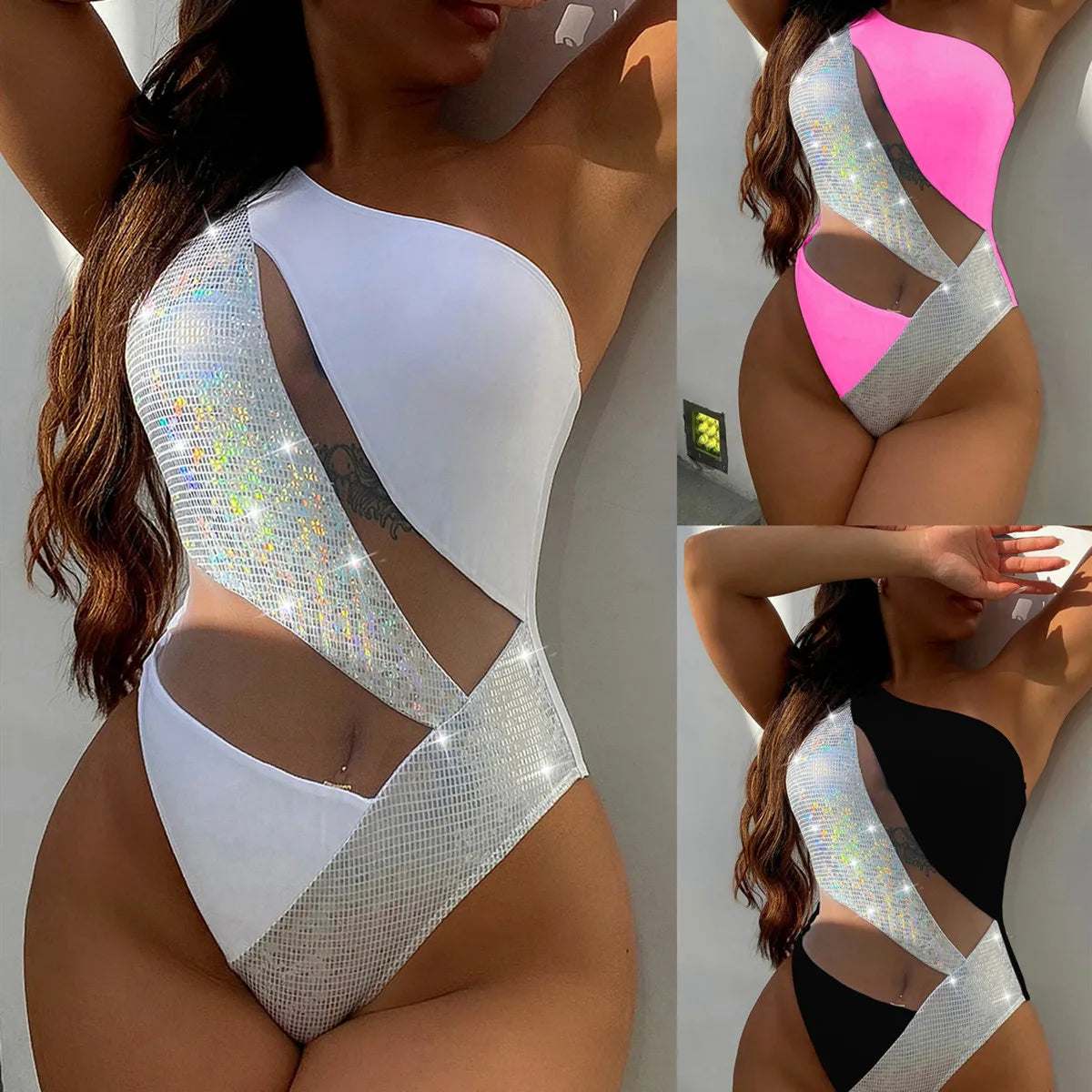 VigoBeviya 2025 Patchwork Hollow Out Swimwear Women Sexy One Shoulder Piece Swimsuit Monokini Beach Bathing Suit