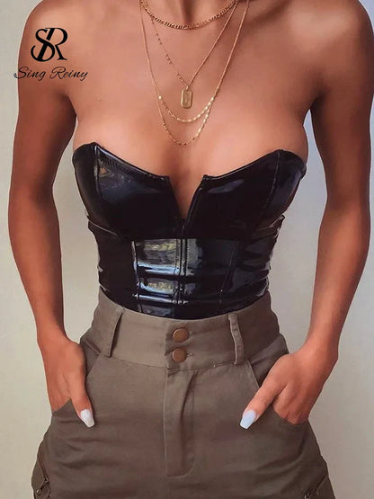 SINGREINY Strapless PU Leather Sexy Bodysuits Ladies Zipper Design Bodycon Top Fashion Streetwear Open Crotch Sensual Playsuits