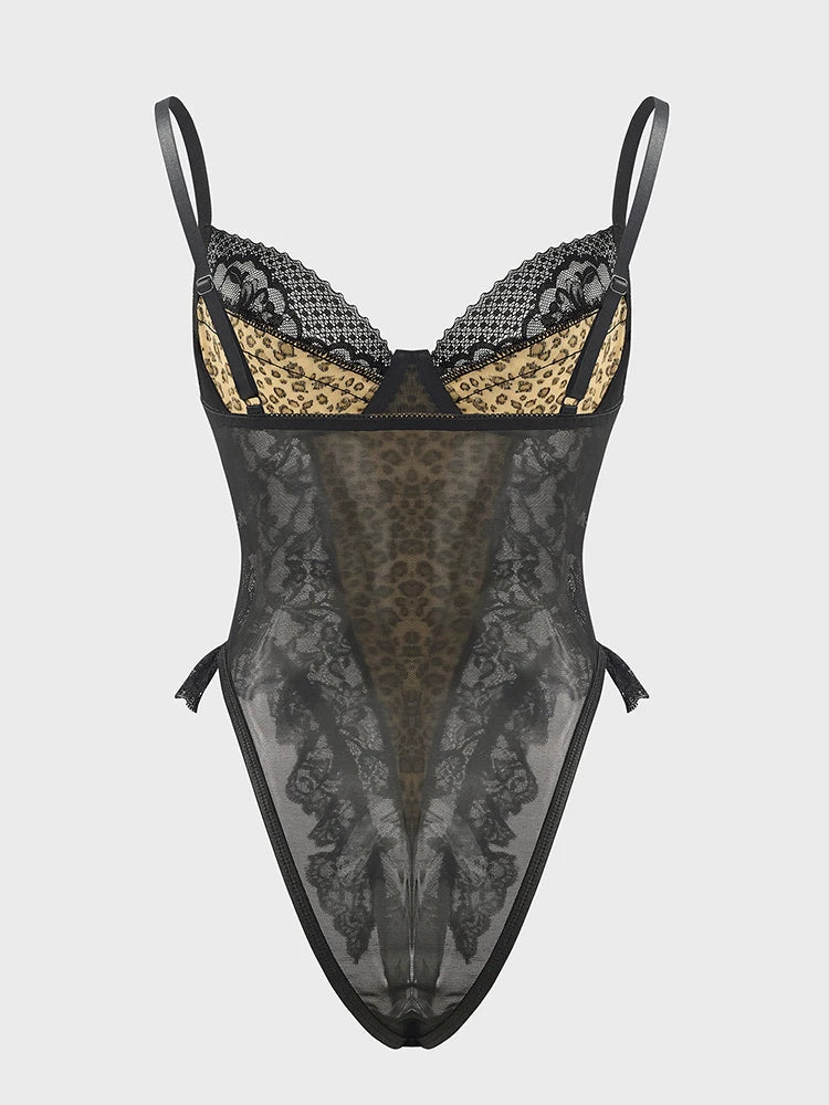 Sexy Lace Leopard Pattern Bodysuits Vintage Chic Slim Top Clothing Female Spaghetti Strap Sleeveless Backless Adult Shaper