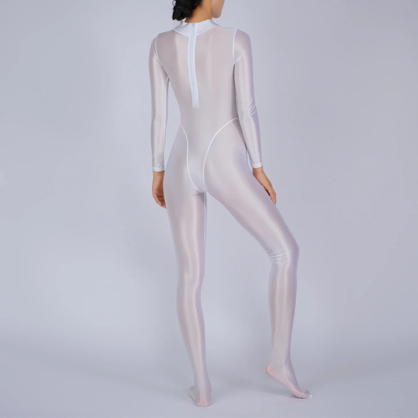 Womens Glossy Full Body Jumpsuit See Through Sheer Catsuits Bodystockings Long Sleeve Footed One Piece Gym Yoga Tights Bodysuit
