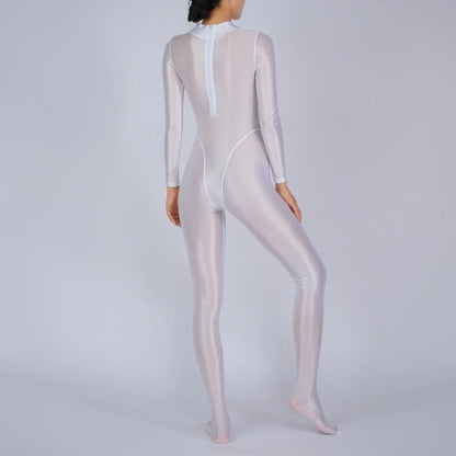 Womens Glossy Full Body Jumpsuit See Through Sheer Catsuits Bodystockings Long Sleeve Footed One Piece Gym Yoga Tights Bodysuit