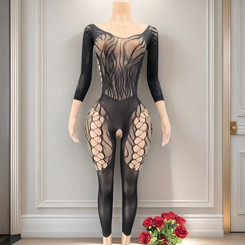 Bodycon Elasticity Transparent Mesh Long sleeves Bodysuit Women's Fashion Pajamas Fishnet Short Night Club Party Mesh Clothes