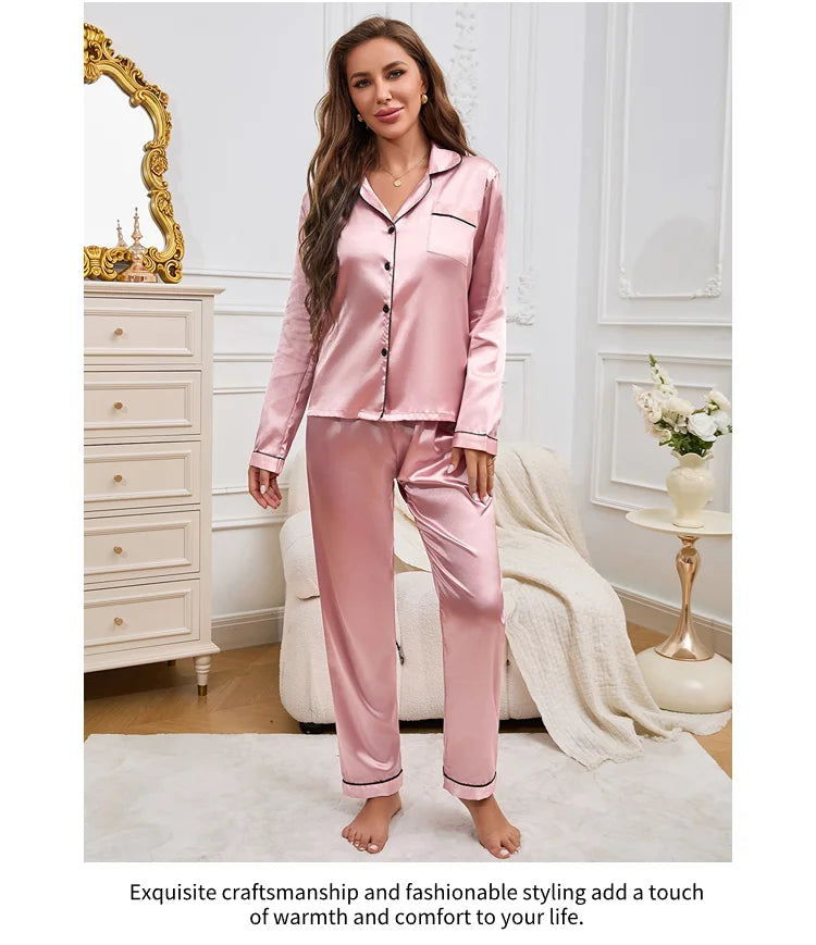 Women's Pajama Set Silk Sleepwear Suit Loungewear Pj Set Satin Long Sleeve Tops With Pants 2 Pieces Pjs Pajamas for Women Pyjama