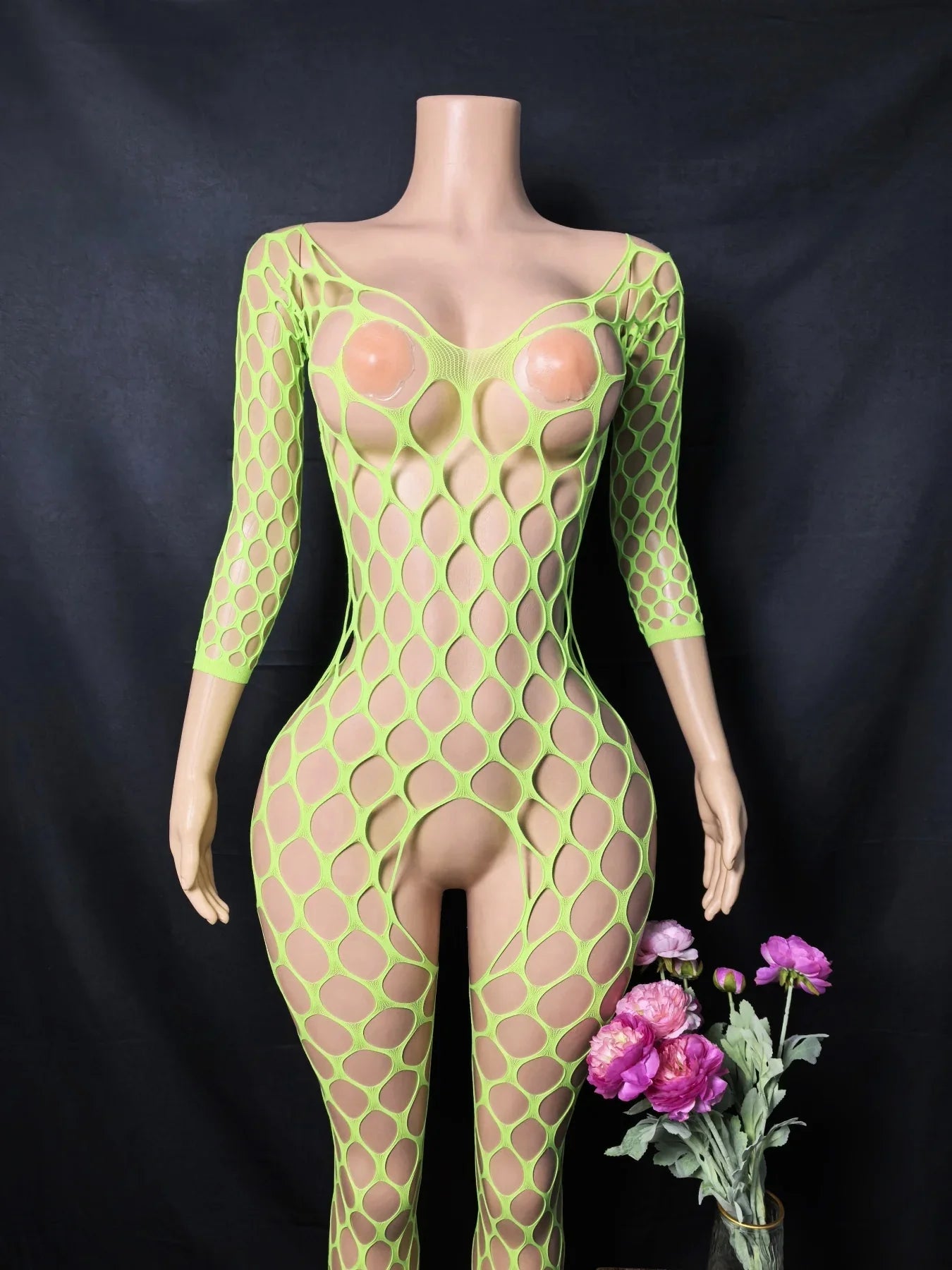 Bodycon Elasticity Transparent Mesh Long sleeves Bodysuit Women's Fashion Pajamas Fishnet Short Night Club Party Mesh Clothes