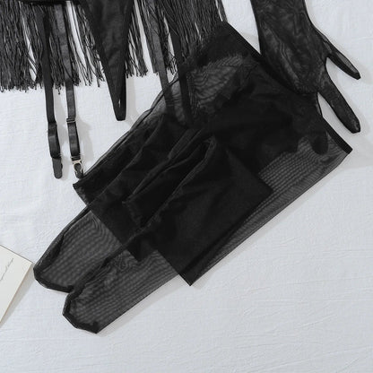 Ellolace Tassel Porn Erotic Lingerie 8-Piece Transparent Ultra Sexy Adult Costume with Garter Outfit Call The Night Sex Suit