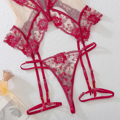 Women's Sexy See-through Seduction Lingerie Chic And Elegant Mesh Thin Section Embroidered Lace Garter Belt three-piece Set