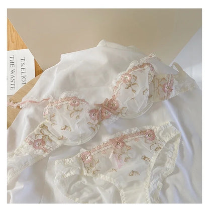 MOYISU New Arrival Luxury Pure Desire Lace Tulle Sexy Panties Lingerie Set Lilacs Embroidery Girl Boobs Big Size Big Boobs Small