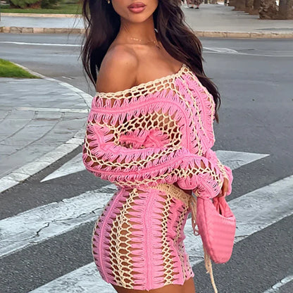 Spring Lady Casual High Waist Skirts Outfits Summer New Long Sleeve Sweater&Mini Skirts Sets Contrast Color Knitted 2 Piece Sets