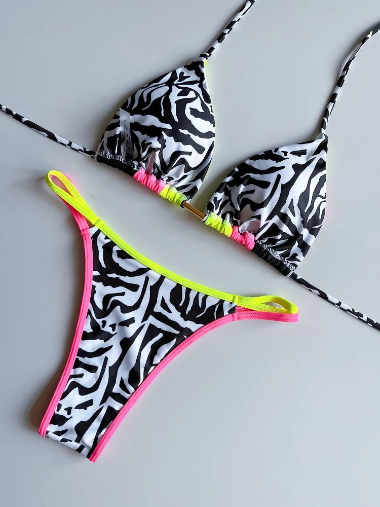 RUOTONGSEPT 2023 Sexy Spliced Swimsuit Women Swimwear Tiger Stripe Print Micro Bikini Set Brazilian Biquinis Beach Bathing Suit
