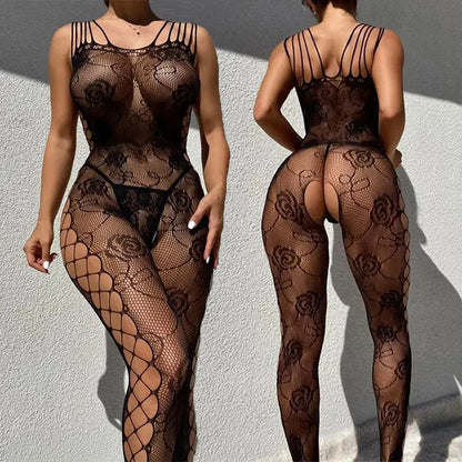 2025 Fishnet Bra Lingerie One Piece Crotchless Adult Sexy Underwear Transparent Body Suit Ultra Hot Open Tights Exotic Lingeries