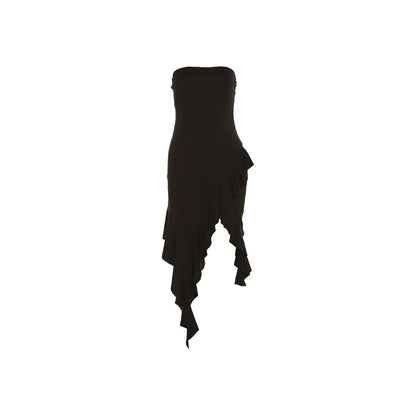 Sylcue Simple Black Thin Knitted Breathable High Elastic Sexy Mature Charm Young Girl Women'S Irregular Summer Wrap Dress