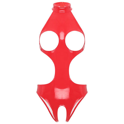 Womens Wet Look Faux Leather Hollow Out Open Breast Leotard Bodysuit Halter Neck Crotchless Jumpsuit Lingerie Teddy Nightwear