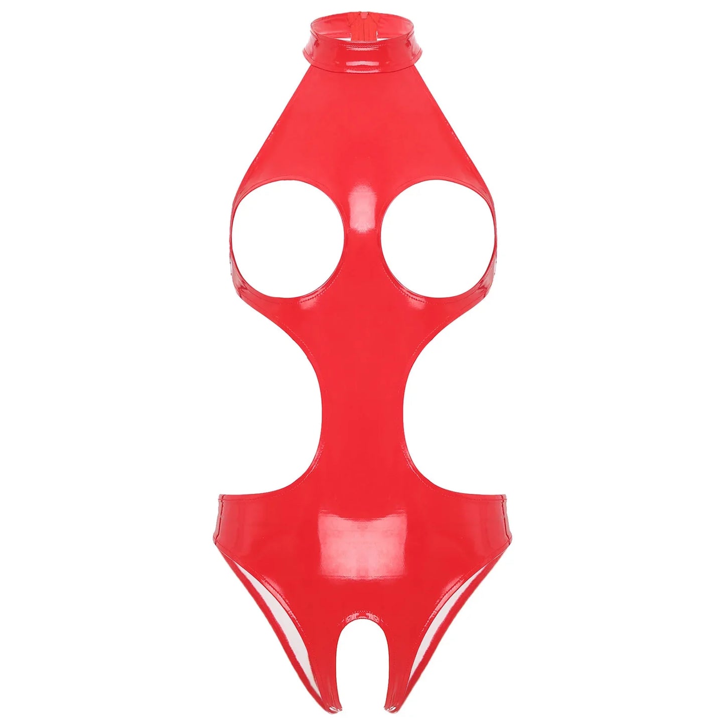 Womens Wet Look Faux Leather Hollow Out Open Breast Leotard Bodysuit Halter Neck Crotchless Jumpsuit Lingerie Teddy Nightwear