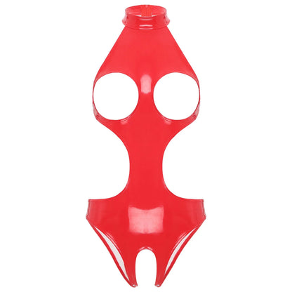 Womens Wet Look Faux Leather Hollow Out Open Breast Leotard Bodysuit Halter Neck Crotchless Jumpsuit Lingerie Teddy Nightwear