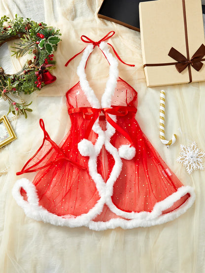 New Sexy Lingerie Christmas Exclusive Pajamas Seductive Expose The Body Exotic Red Lace Up Plush Skirt Babydolls Women Two-piece