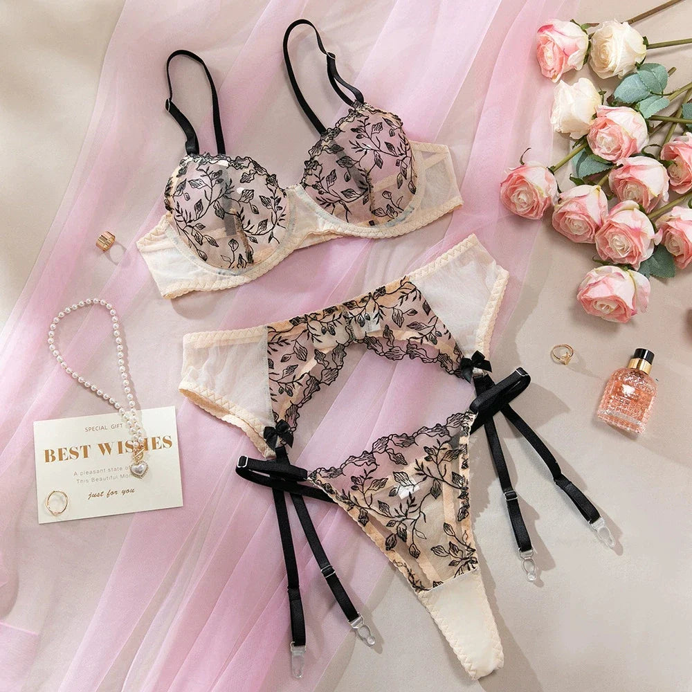 SINGREINY Floral Embroidery Underwear 3pcs Suits 2025 Female Strap Sheer Bra+Sheer Thongs Spliced Mesh Sexy Club Lingerie Sets