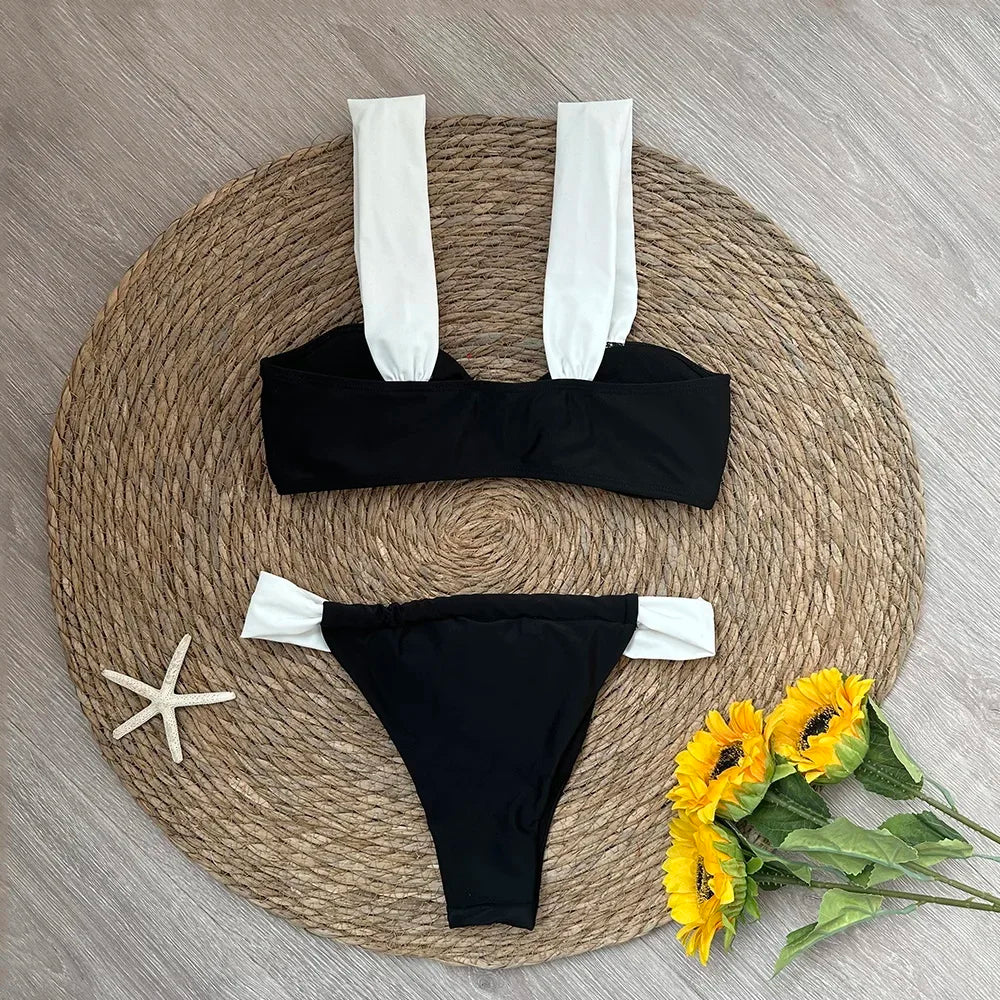 2025 Solid Thong Brazilian Bikinis Swimwear Women Swimsuit  Black White Bikini Set Bathing Suit Female Summer Beach Wear Biquini