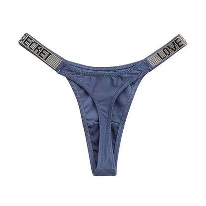 Sexy Triangle Fitness Sports With Letter Low Rise Briefs Sexy T-Back G-string Women Panties Rhinestone Thong