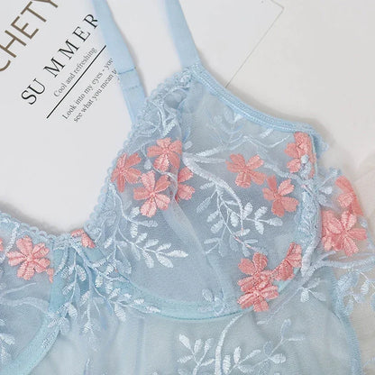 Lace Floral Embroidery See Through Bra and Panties Set for Women Underwear Sexy Lingerie Female 2 Pieces Bra Brief Sets