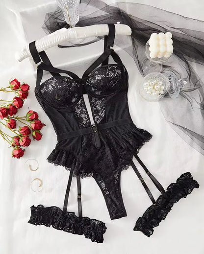 Women’s Sexy Lace Lingerie Bodysuit Hot Lenceria Intimates Set Sheer Mesh Underwire Garter Erotic Underwear 2025