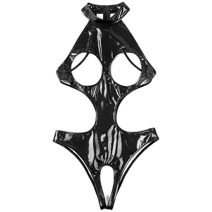 Womens Wet Look Faux Leather Hollow Out Open Breast Leotard Bodysuit Halter Neck Crotchless Jumpsuit Lingerie Teddy Nightwear